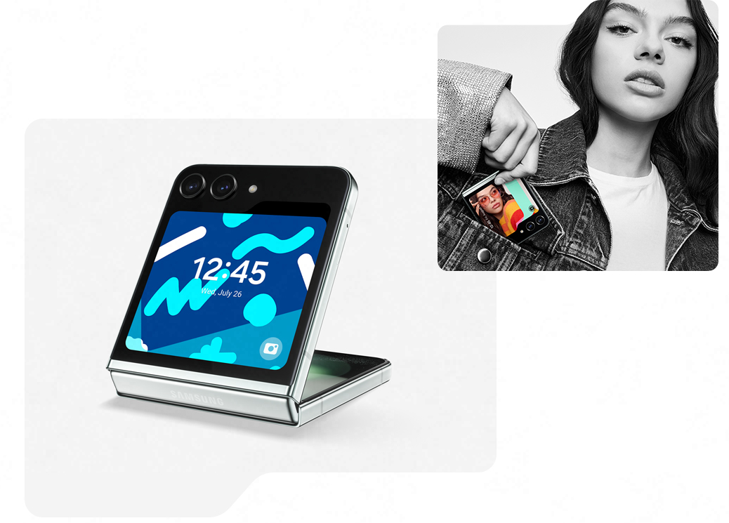 Image of an open Galaxy Z Flip5 with a black and white photo of a woman putting it in her pocket