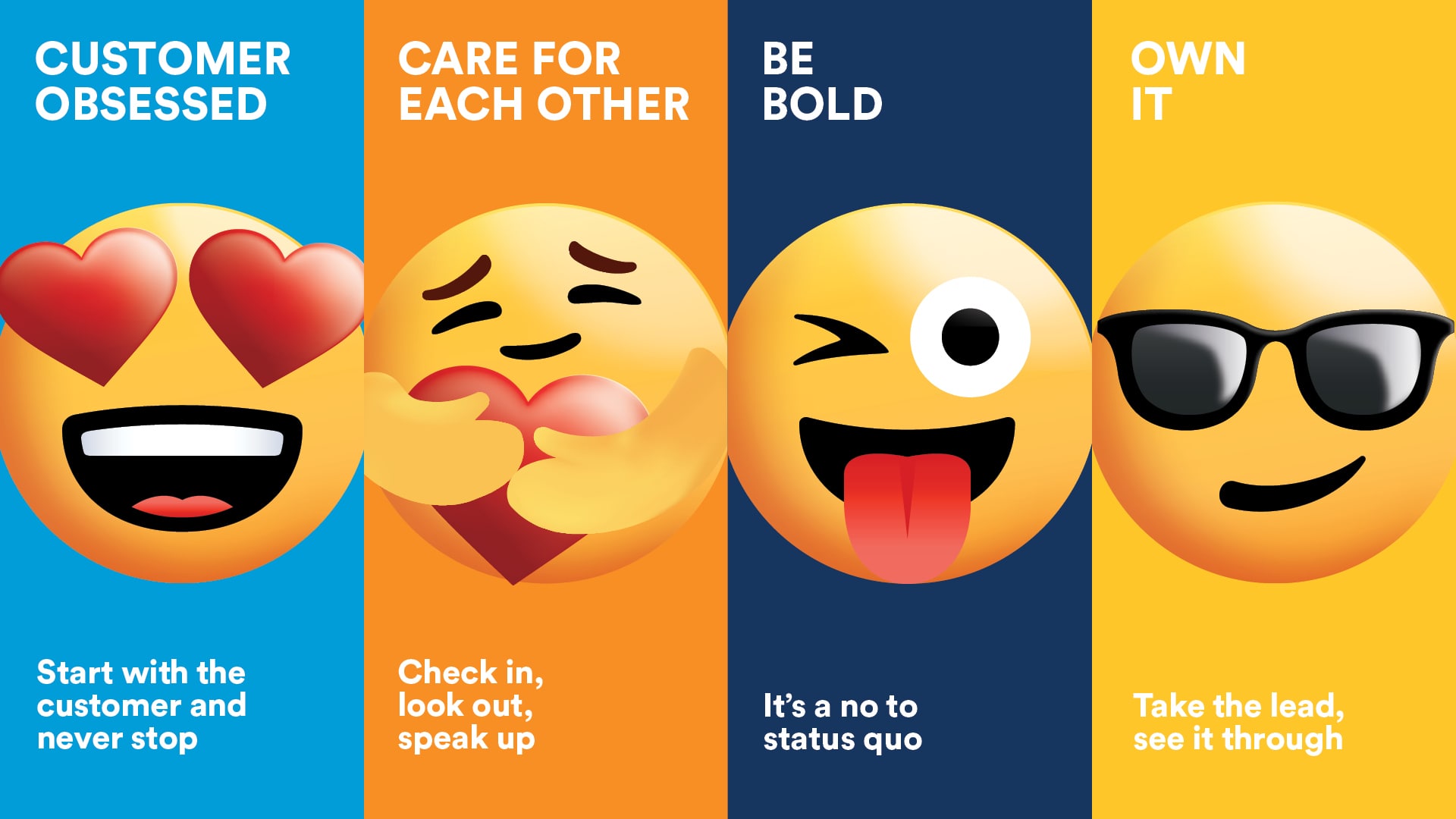 various emojis with our four company values. Customer obssessed, own it, be bold and care for eachother