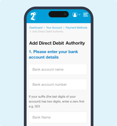 Screenshot of the mobile app adding a direct debit authority