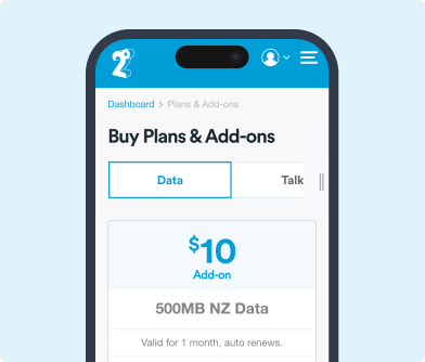 Screenshot of a mobile phone displaying the $10 500MB data add on on a light blue background
