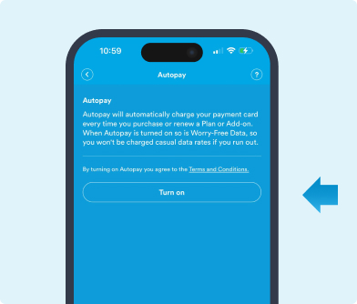 Screenshot of the mobile app on the autopay page showing where to turn it on. Arrow pointing to the turn on button on a light blue background