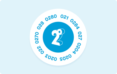 2degrees logo surrounded by different mobile prefixes that can be bought over to 2degrees to keep your number the same on a light blue background