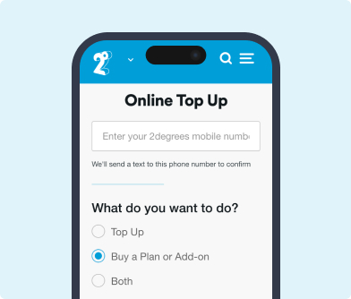 Screenshot of the mobile app showing the page to buy an add-on, process a top up or both on a light blue background