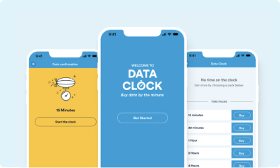 Image of three different screens showing the Data clock app on a light blue background