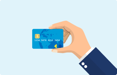 Image of an emoji hand holding a credit/debit card on a light blue background