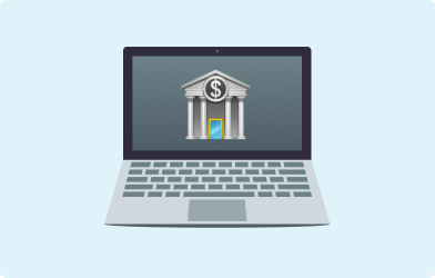 Image of an emoji laptop and on the screen is an emoji of a bank building on a light blue background