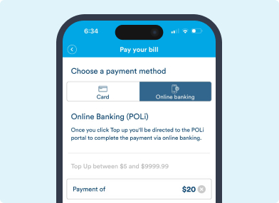 Screenshot of the mobile app showing the payment screen to make a one off payment through POLi on a light blue background