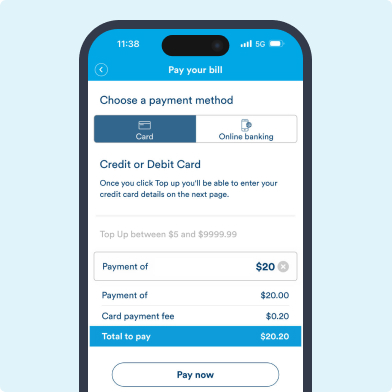 Screenshot of the mobile app giving the options for a one off payment to be made either by card or via online banking