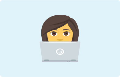 Emoji of a lady sitting at her laptop on a light blue background