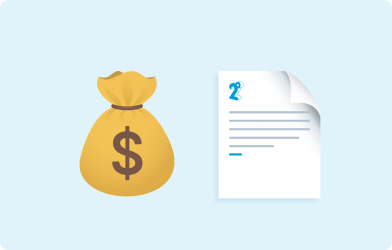 Image of a money bag emoji and a 2degrees invoice emoji on a light blue background