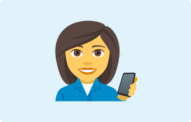 Emoji of a lady holding a mobile phone in her left hand on a blue background