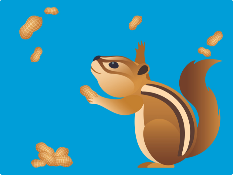 A cartoon squirrel catching raining peanuts on a blue background 