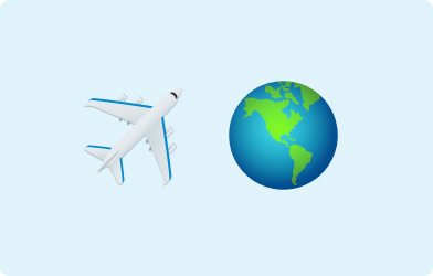 Emoji of an airplane and an emoji of earth on a light blue background