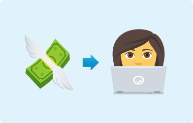Emoji of money with wings with an arrow pointing to a lady on her laptop on a light blue background
