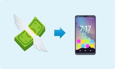 Image of an emoji of money with wings and an arrow pointing towards an emoji of a mobile phone