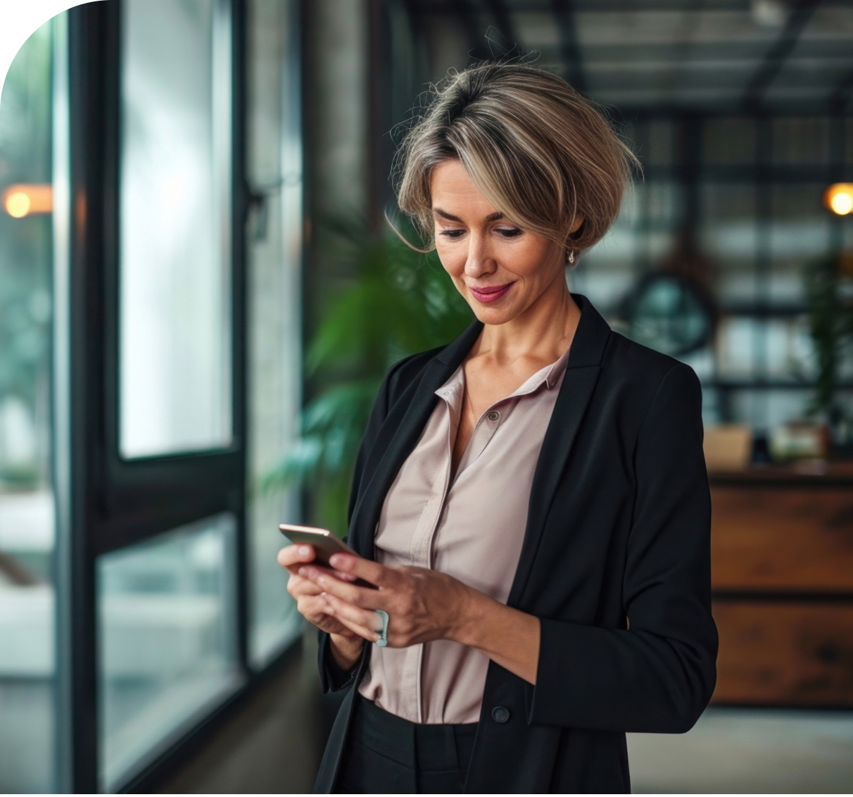 Image of a lady in the office on her mobile phone