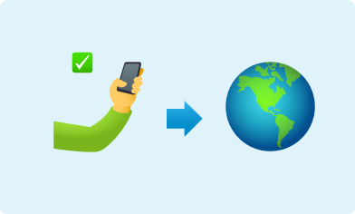 Emoji of an arm holding a mobile phone and an arrow pointing to an emoji of a globe