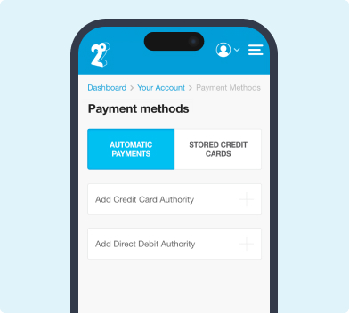 Screenshot showing the mobile app and the different payment methods such as automatic payments and storing a credit card on your account
