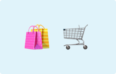 Emoji of shopping bags and a shopping trolley on a light blue background