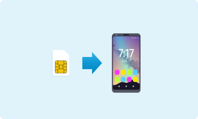 Emoji of a sim card and an arrow pointing at an emoji of a mobile phone on a light blue background