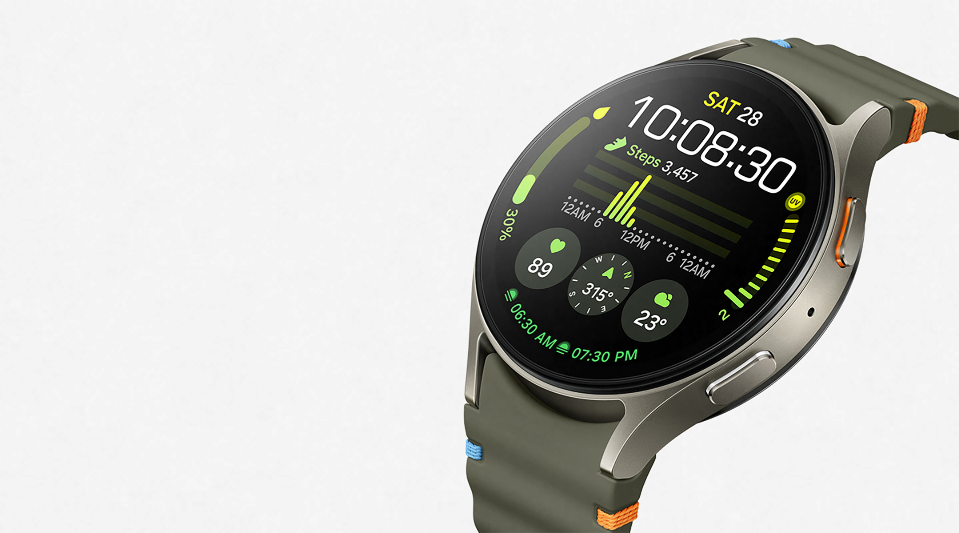 A Galaxy Watch7 with a watch face showing heart rate, steps and other workout metrics is slightly tilted facing top left. A text 'Galaxy AI is here' with a Galaxy AI icon can be seen.