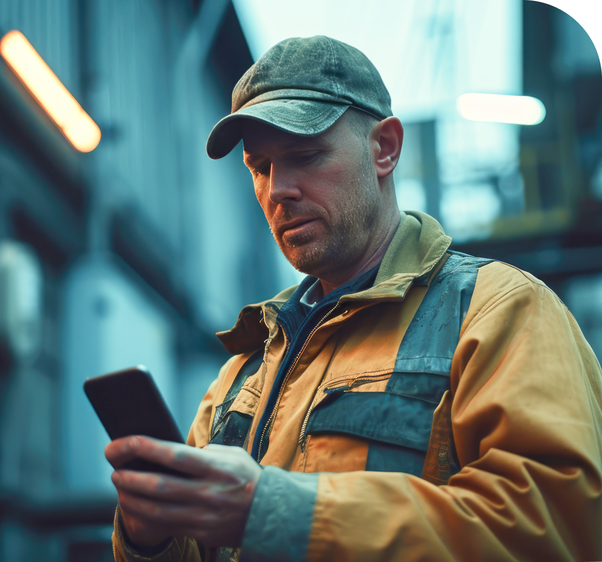 Image of a male repair worker wearing a high visibility jacket on his mobile phone