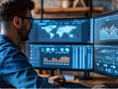 Image of a man sitting at computer with multiple screens with graphs and maps on the screens