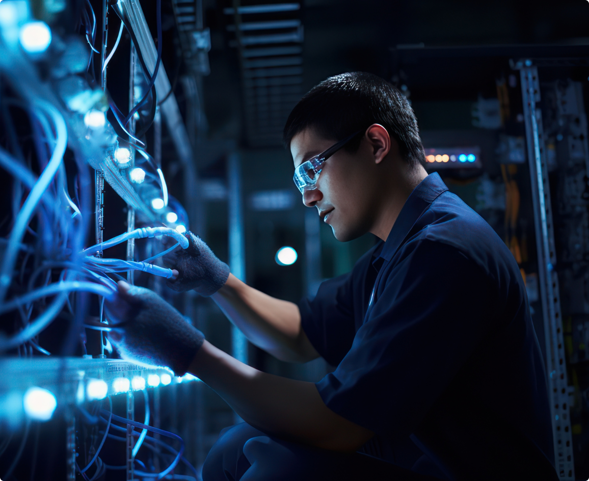 Image of an engineer working with cables wearing gloves and safety goggles