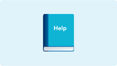 Emoji of a book titled help on a light blue background