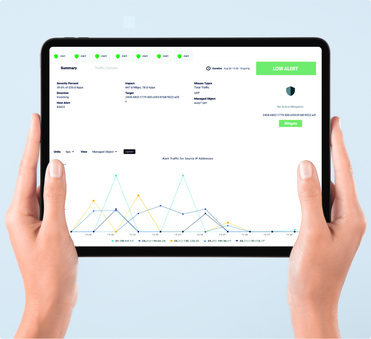 Image of hands holding a tablet and on the screen is traffic information, alerts and graphs