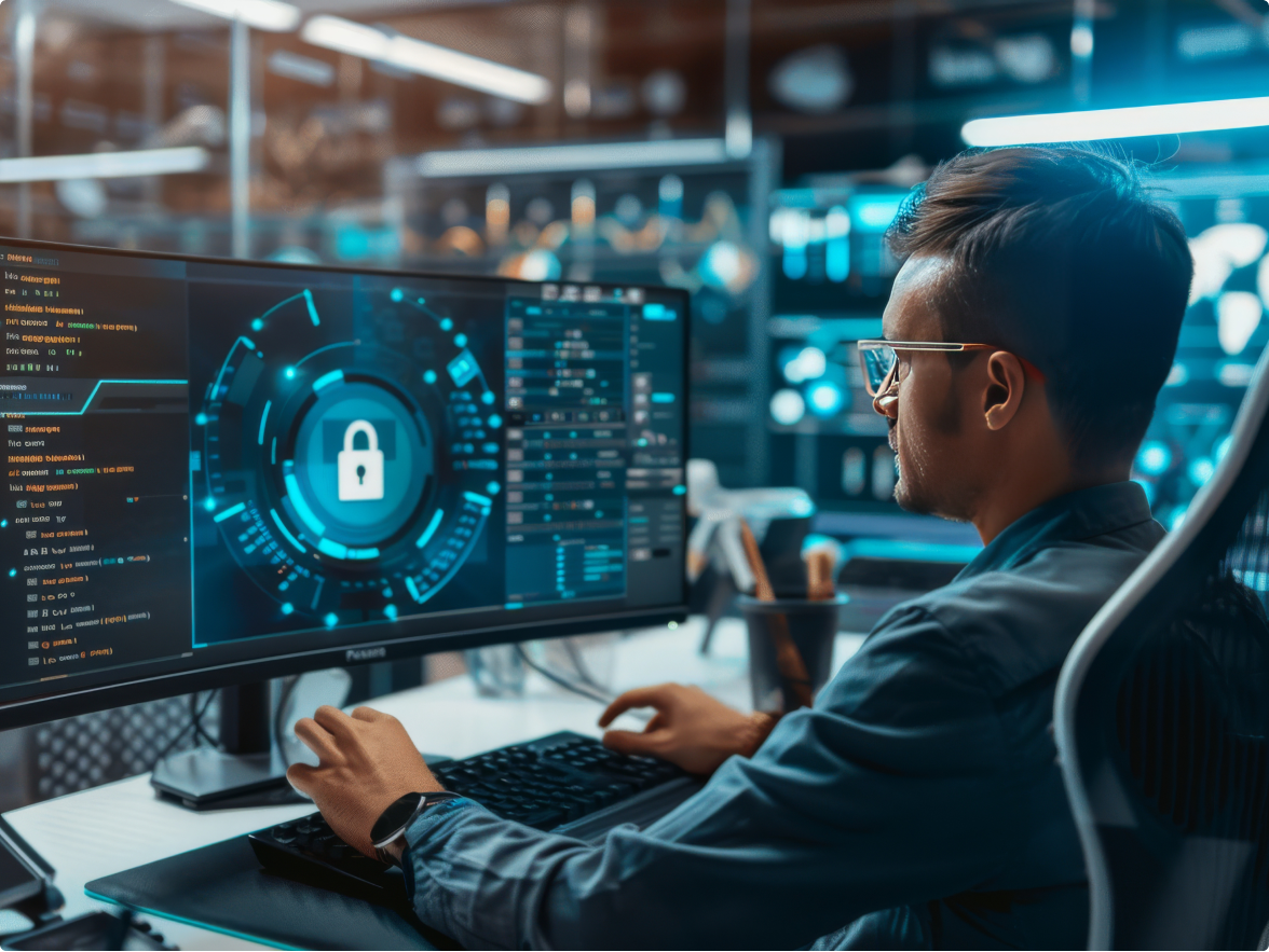 Man sitting at his desktop with a large curved screen monitor and a padlock on the screen