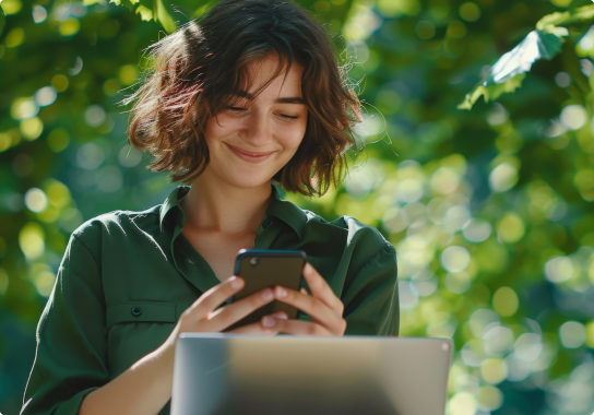 Image of a lady smiling at her mobile phone outside with trees in the background