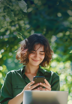 Image of a lady smiling at her mobile phone outside with trees in the background