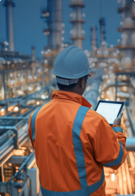 Image of a worker on a tablet wearing a hard hat and a high visibility jacket