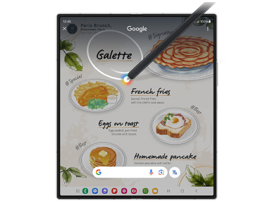 Image of a Samsung Fold phone with stylus circling the word "Galette" to search