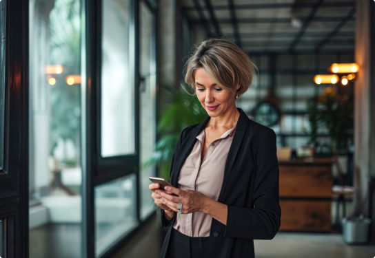 Image of a lady in the office on her mobile phone