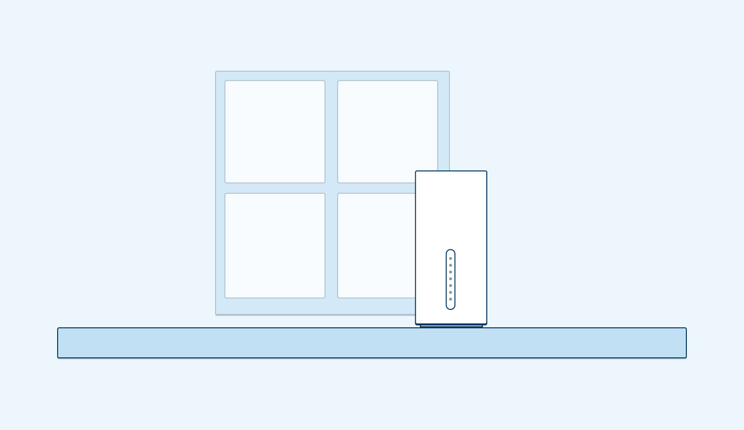 Image of a modem on a shelf by a window on a light blue background