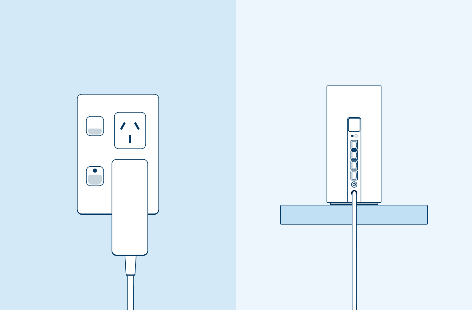 Image of a plug in a wall socket with the power cable connecting to the modem on a light blue background