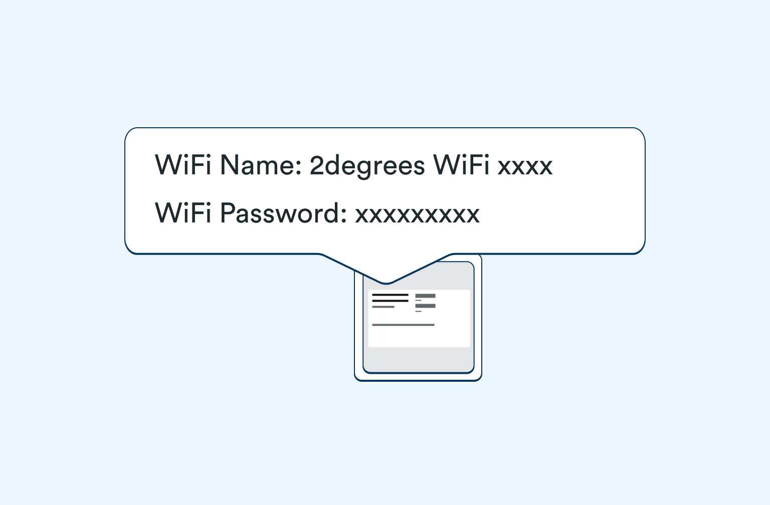 mage showing the WiFi Name and the WiFi Password and where to find the information on the modem on a light blue background