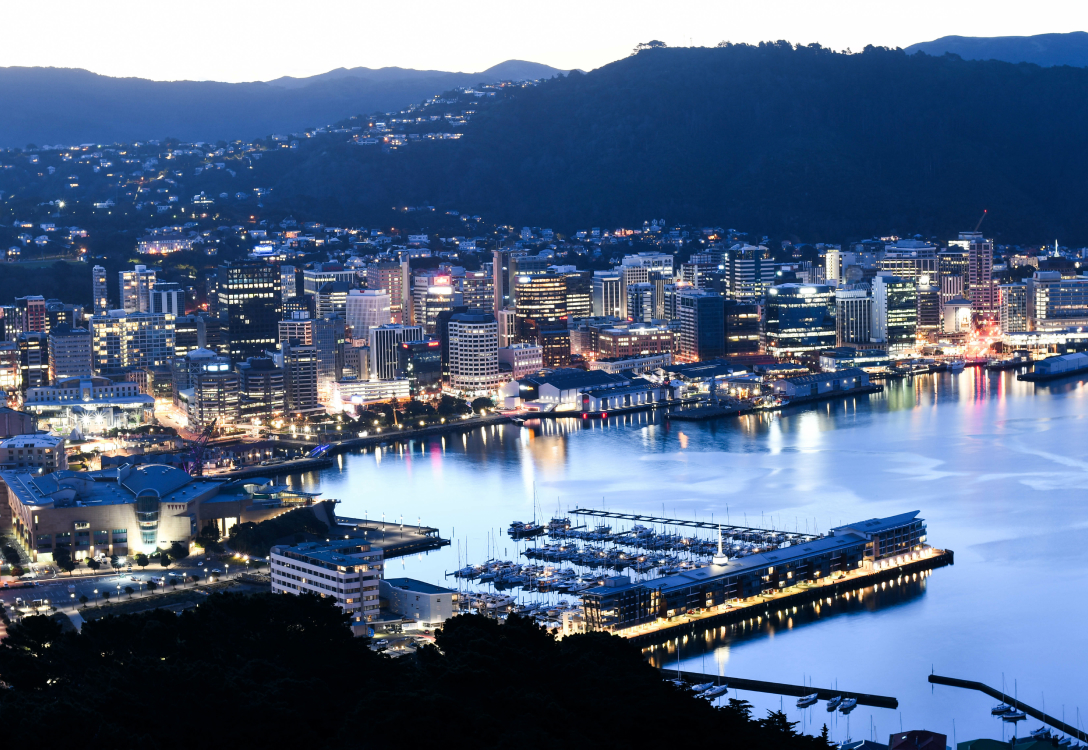 Aerial shot of the Wellington skyline and harbour