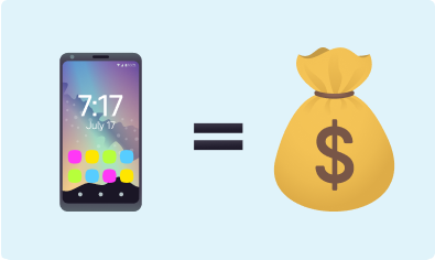 Emoji of a mobile phone and an equals symbol going to a bag of money on a light blue background