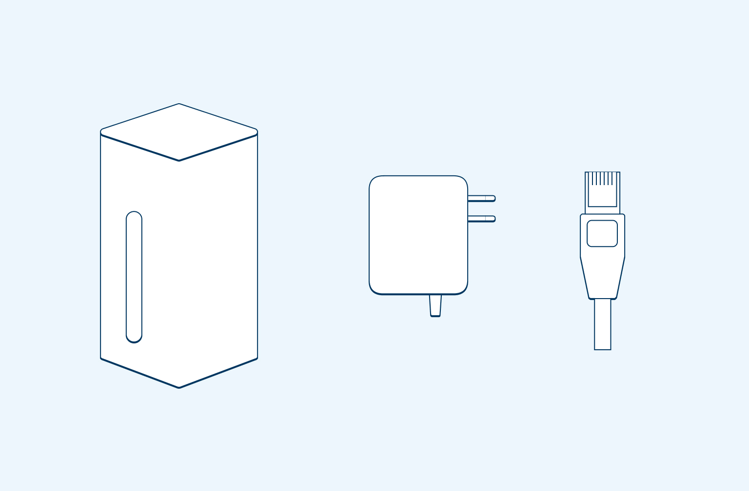 Image showing a modem, wall plug and a cable on a light blue background