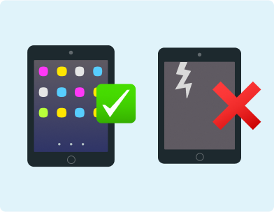 Emoji of a working tablet with a tick beside it and an emoji of a broken tablet with a cracked screen with a cross beside it on a light blue background