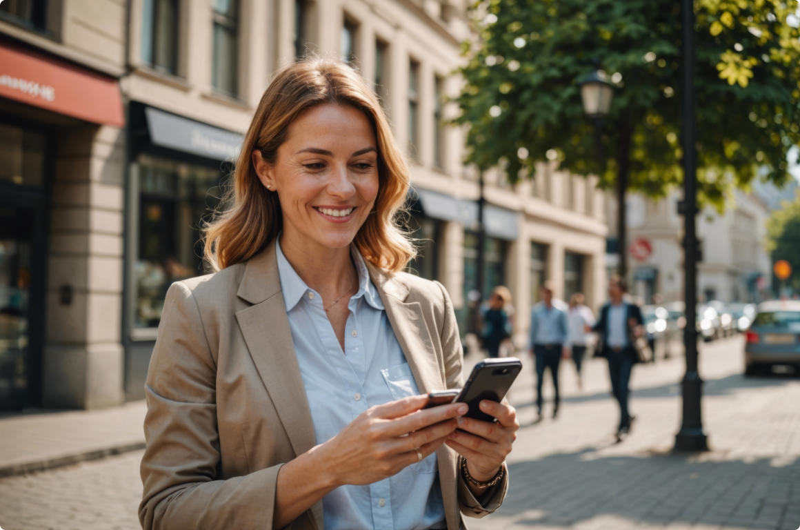 Woman walking outside looking at her mobile phone