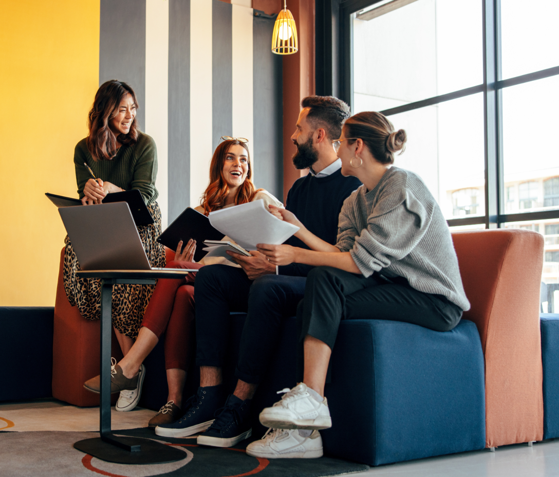 Business people working in an office lobby