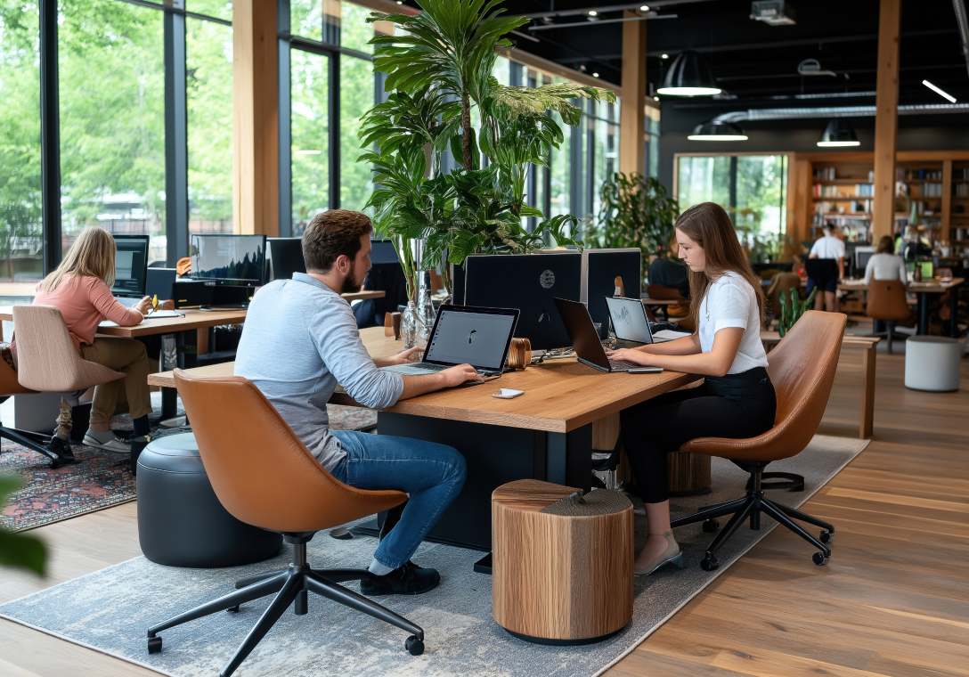 People sitting in an open office at a desk working on laptops 