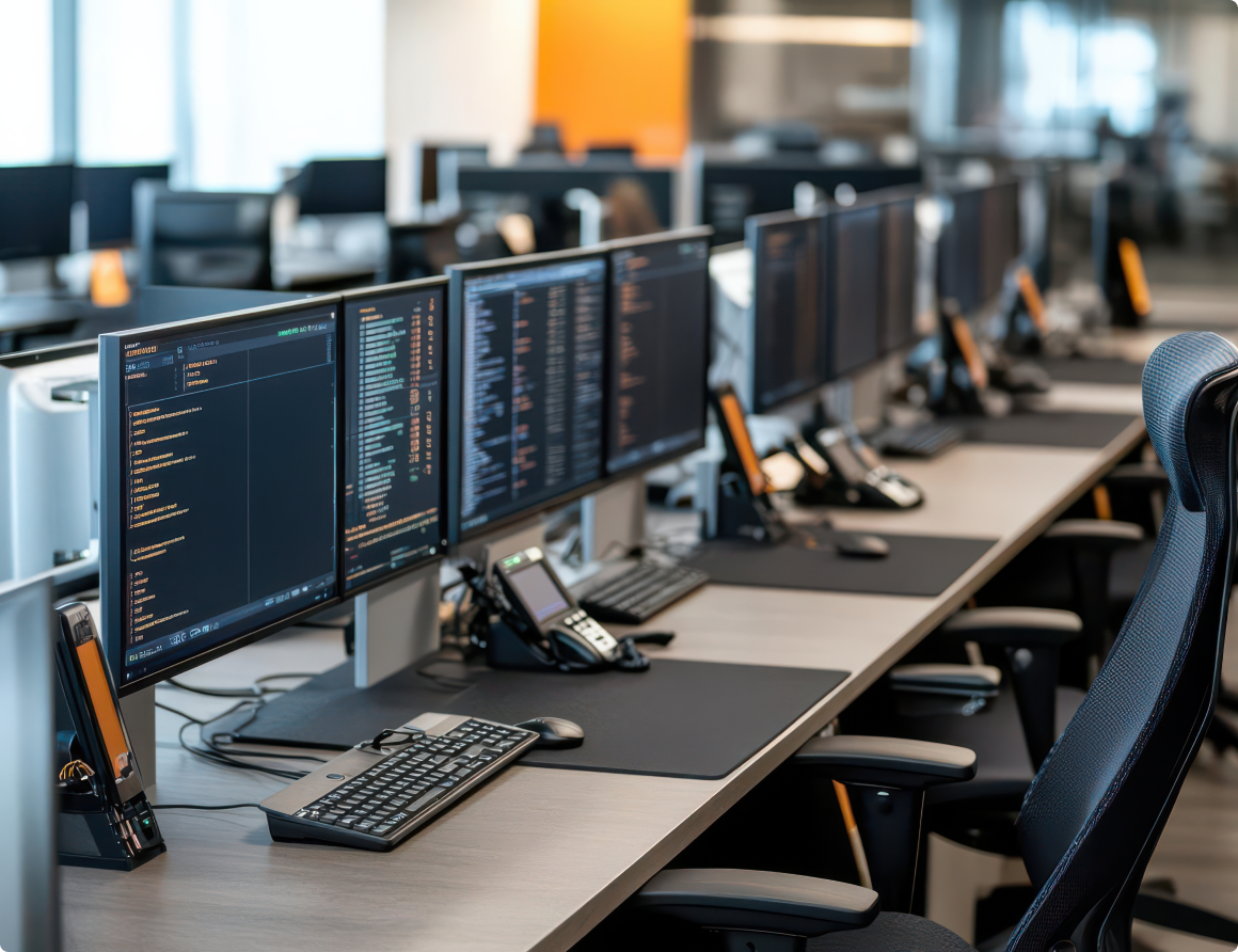 Photo of multiple desktop computers lined up in an office showing code on the screens