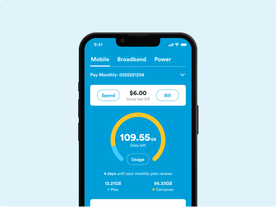 Screenshot of the app showing balances and the option to switch between mobile, broadband and power