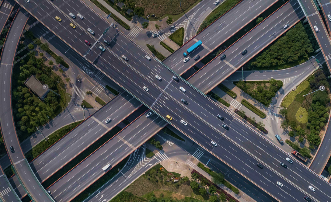 drone shot of a busy motorway junction