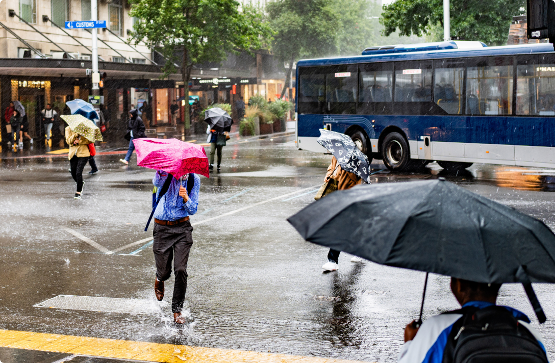 Photo of people crossing Customs Street in Auckland in the rain with umbrellas as a bus is turning the corner